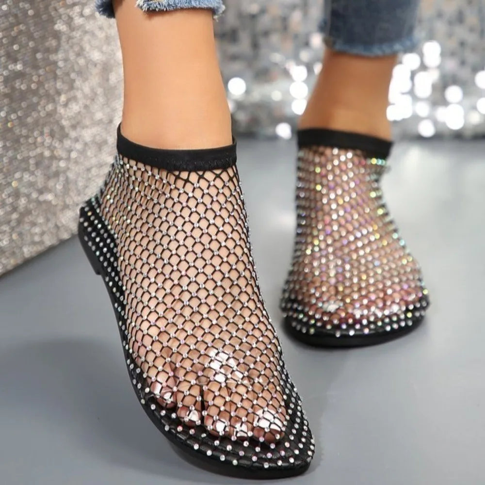 Fashion Holiday Rhinestone Sandal Slipper Non-Slip Flat Shoes Mesh Seaside Sandals Shiny Waterproof Sexy Ankle Boot Summer