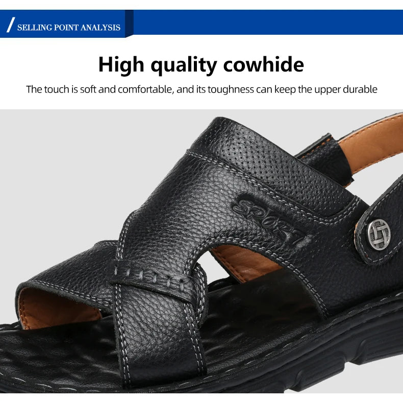 LAORENTOU cowhide breathable outdoor leisure beach shoes, anti slip thick sole leather sandals for external wear