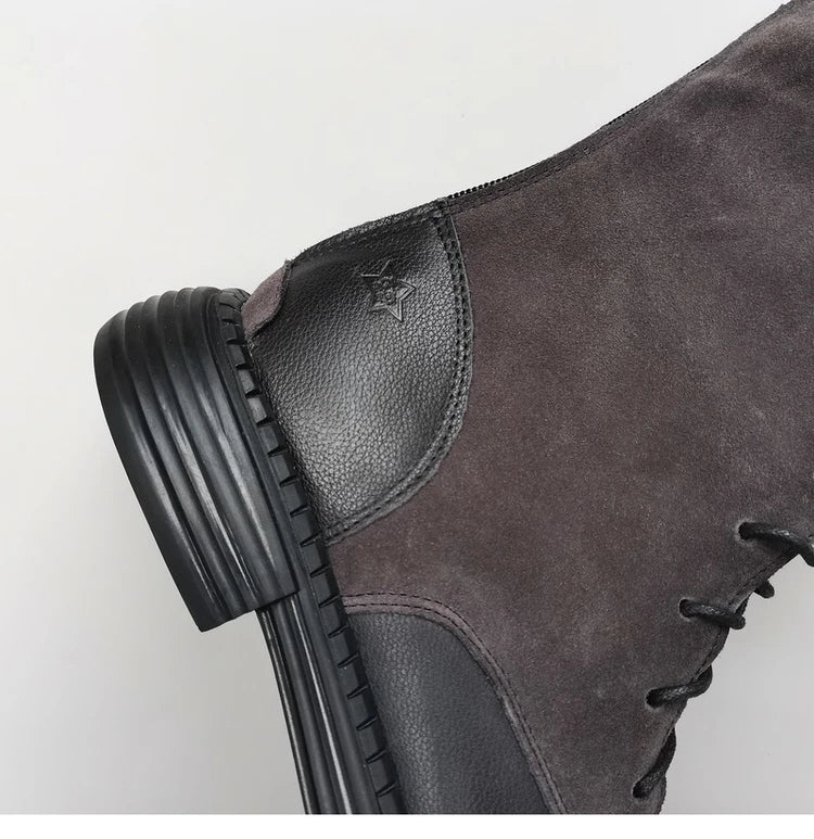 Autumn 2024 Shoes Long Noses Riding Boots Natural Leather Wide Toe Women's Boots Kne-High Cowhide Suede Single Lace-up booties