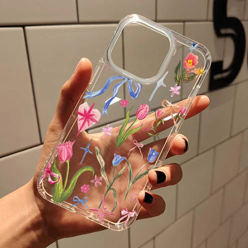 Transparent Fruit Juice Flower Pattern Phone Case For iPhone 17 16 14 11 12 13 15 Pro Max 14 Plus 17 Air Shock-Absorbing Cover