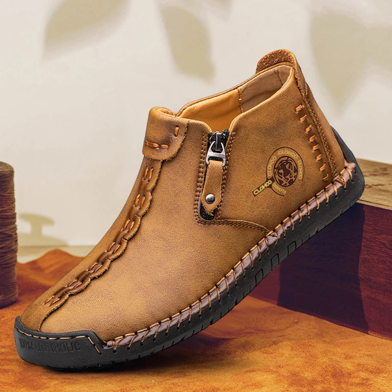 CLOHOO Hand-Sewn High-Top Men's Casual Shoes Comfortable Business Boots Solid Color Office Boots with Zipper