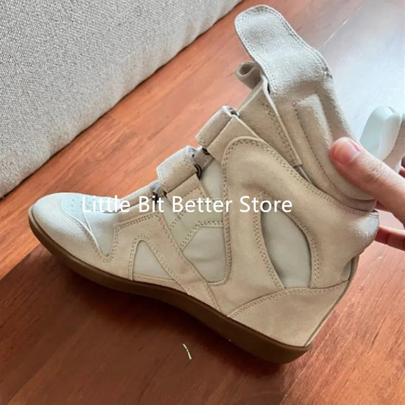 A Genuine Leather Casual Shoes Women's 2026 Summer Breathable Hollow Hidden Wedges Sneakers Hook Loop Trainers High Top