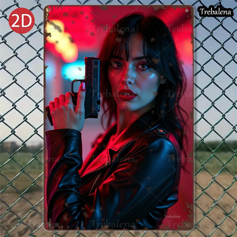 1PC 2D Flat 8*12inch Metal Sign Cyberpunk Woman with Gun Neon Style Artwork