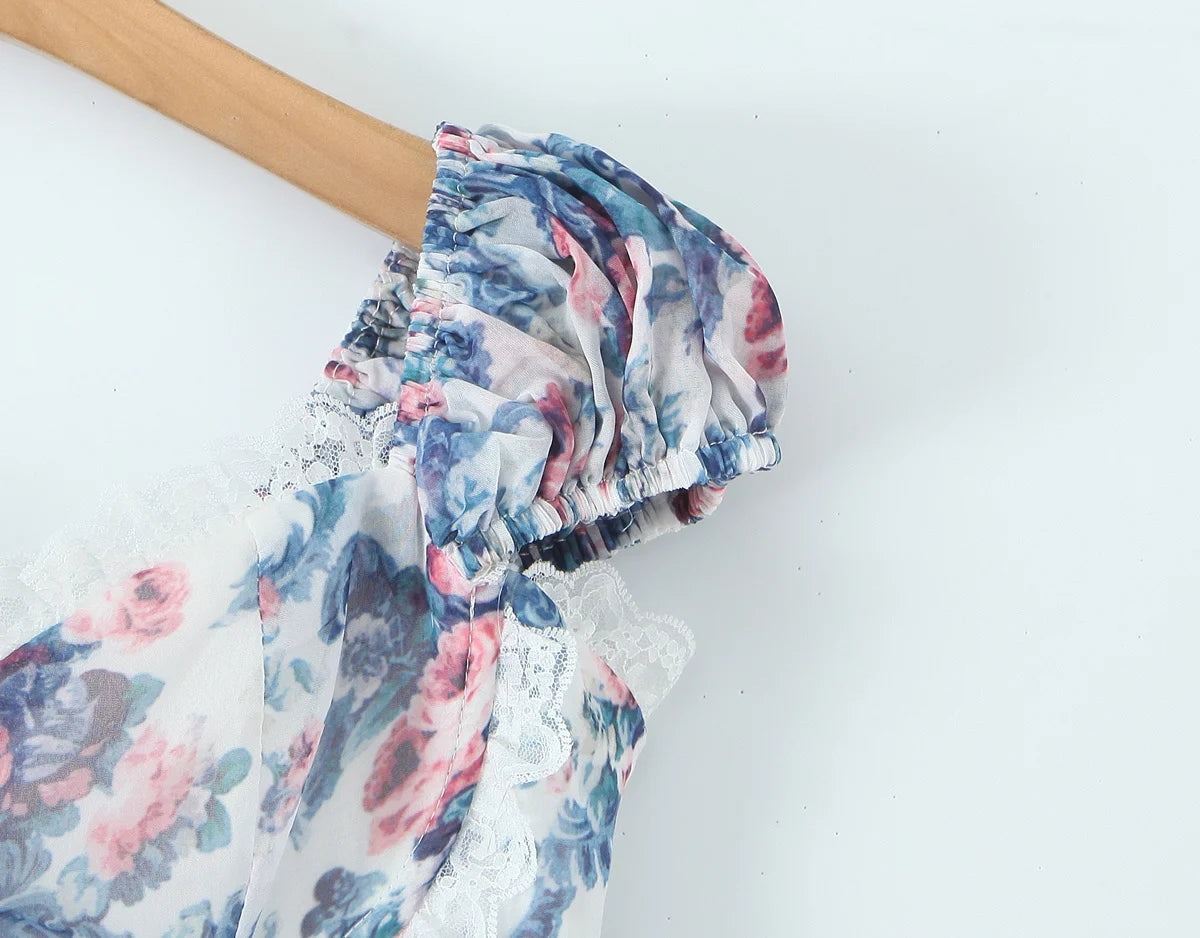 YENKYE Boho Blue Floral Print Mini Dress Women Puff Sleeve Lace Spliced A-line Beach Holiday Summer Dresses 2025 Short Robe