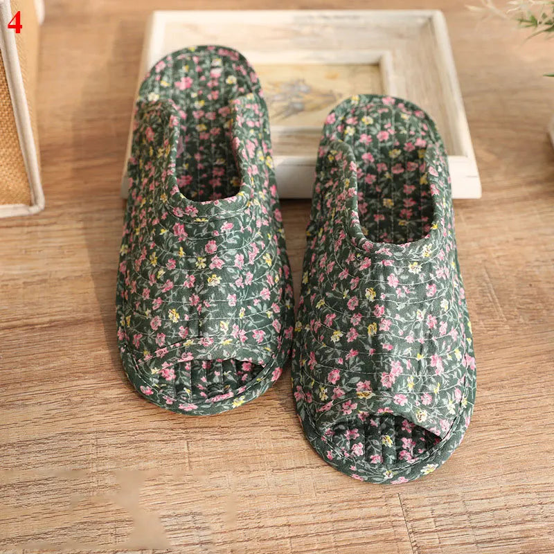 1 Pair Vintage Floral Home Slippers Spring Autumn Soft Cotton Toe Sole Slippers Women Flat Shoes Indoor Bedroom Slippers