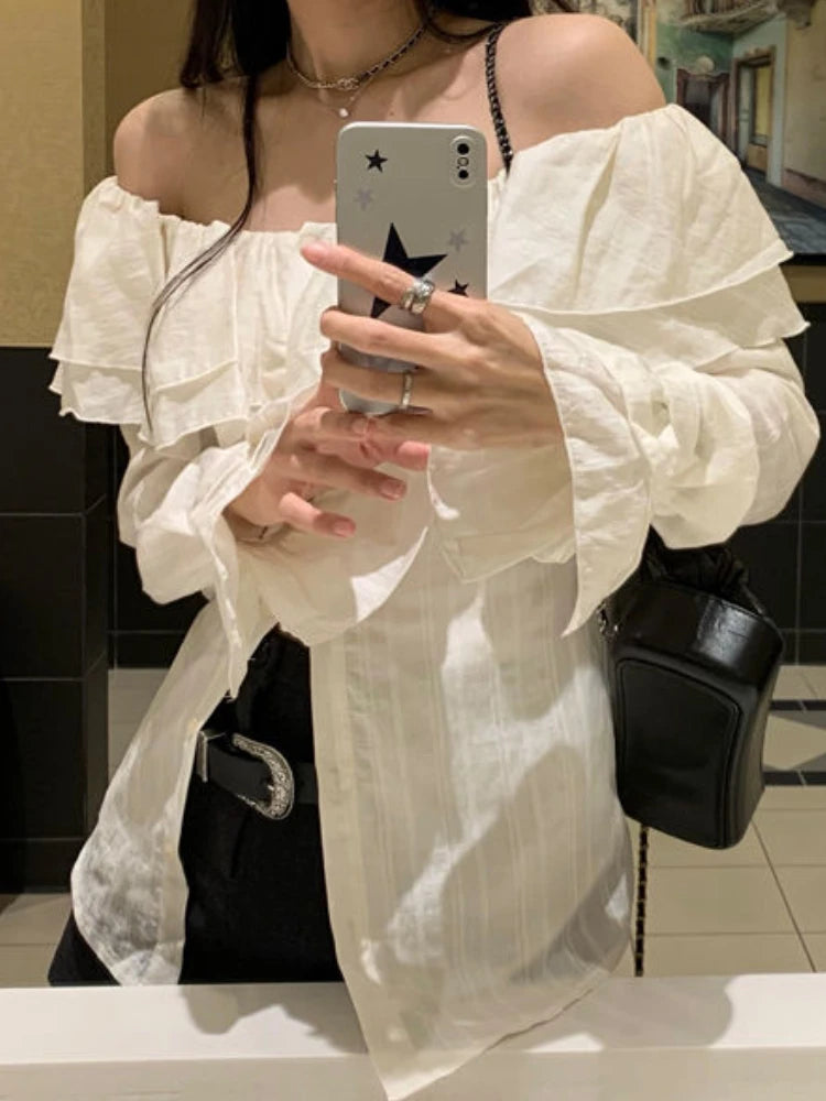 Ruffles Shirts Women Flare Sleeve Simple Fashion Slash Neck Ulzzang Solid Spring All-match Slim Casual Streetwear Cozy Female