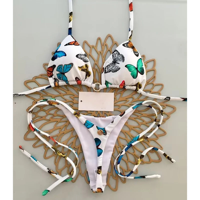 Sexy Bikini Set Bathing Suit Women Vintage Print Halter Lace-up Thongs Bikini Push Up Y2k Fashion Chic Beach Style Sexy Swimsuit