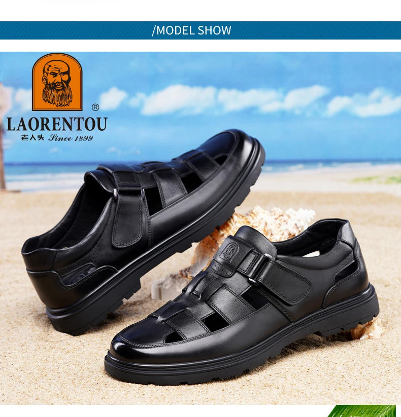 LAORENTOU leather sandals, men's breathable hollow hole shoes, toe wrapped cowhide, anti slip and wear-resistant casual  shoes
