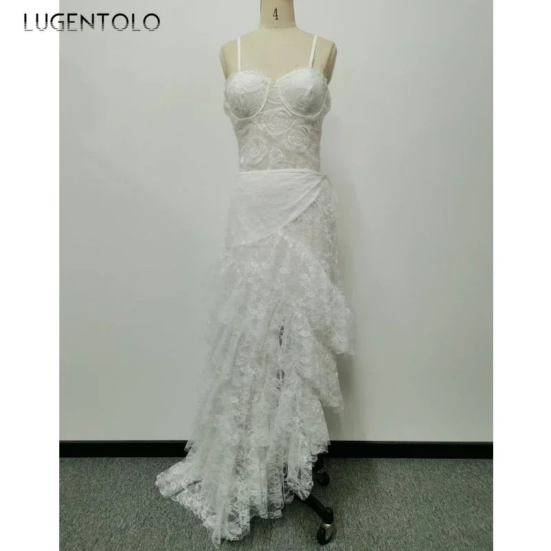 Sexy Dress Women Spaghetti Strap Breast Wrap Party Ladies White Lace Irregular  Slim Empire Long Clothing Lugentolo
