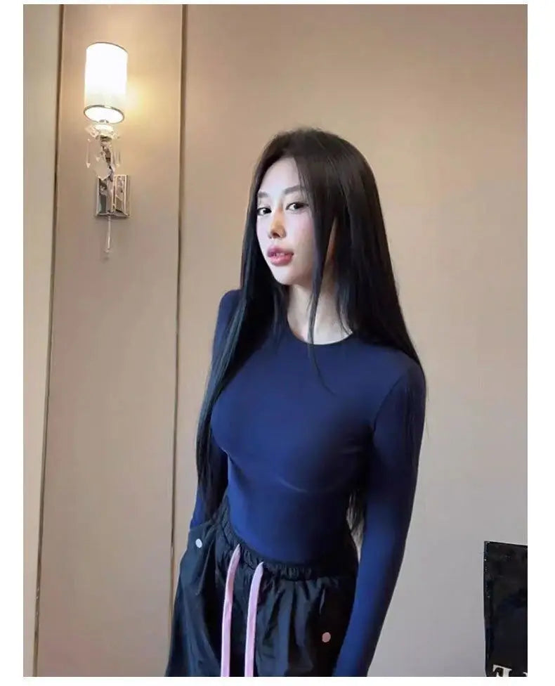 Slim Fit Inner Bottom Shirt for Women Spring and Autumn 2025 New Round Neck Sexy Yoga T-shirt Top