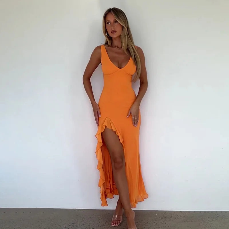 Mozision Elegant Sleeveless Ruffles Sexy Long Dress For Women Summer New Deep V Neck Backless Thigh High Split Maxi Dress