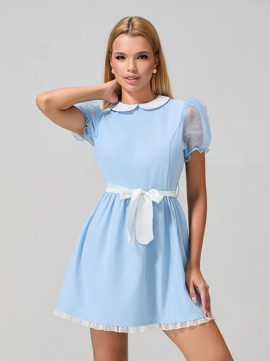 Women Summer Mini Sweet Dress Short Sheer Mesh Sleeve Doll Collar Dress with Belt