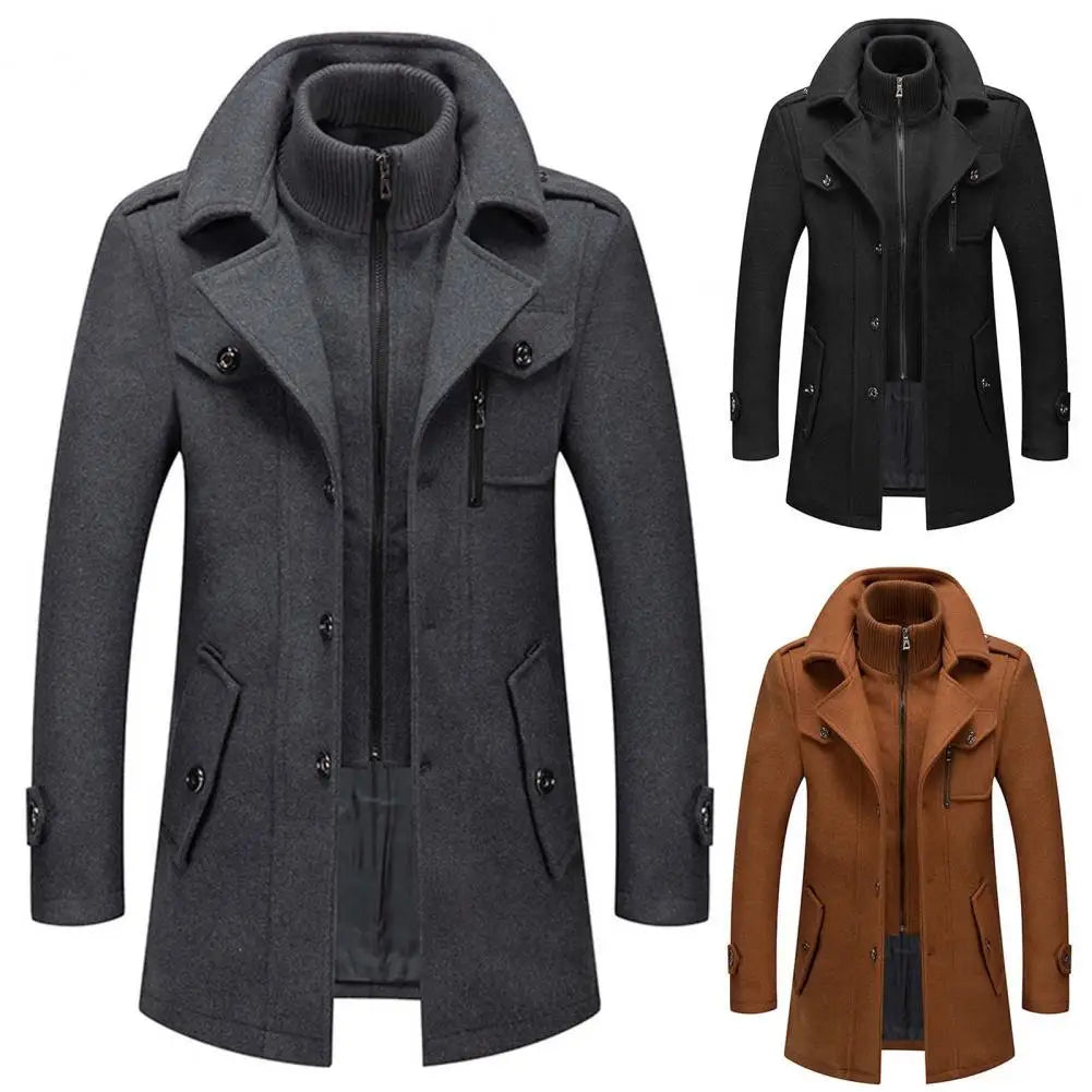 Stylish  Coat Temperament Zipper Buttons Coat Solid Color Autumn Winter Men Jacket for Business
