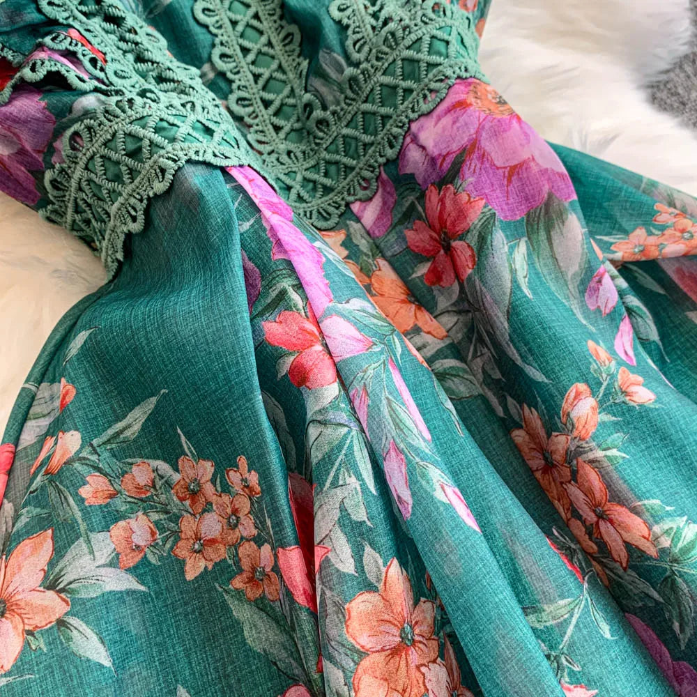 Ele Lace Splice Waist Cinching Long Dr Korean Sle Print Blouse Svel Midi Skirt High Waist A-Line Silhouette