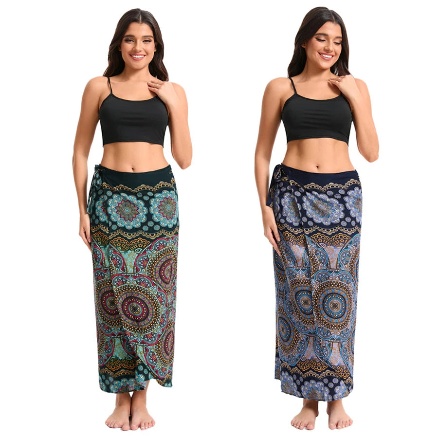 Women’s Boho Maxi Wrap Long Skirt Tie Up Beach Cover Up Dress Vintage Bohemian Adjustable High Waisted Holiday Rayon Dress