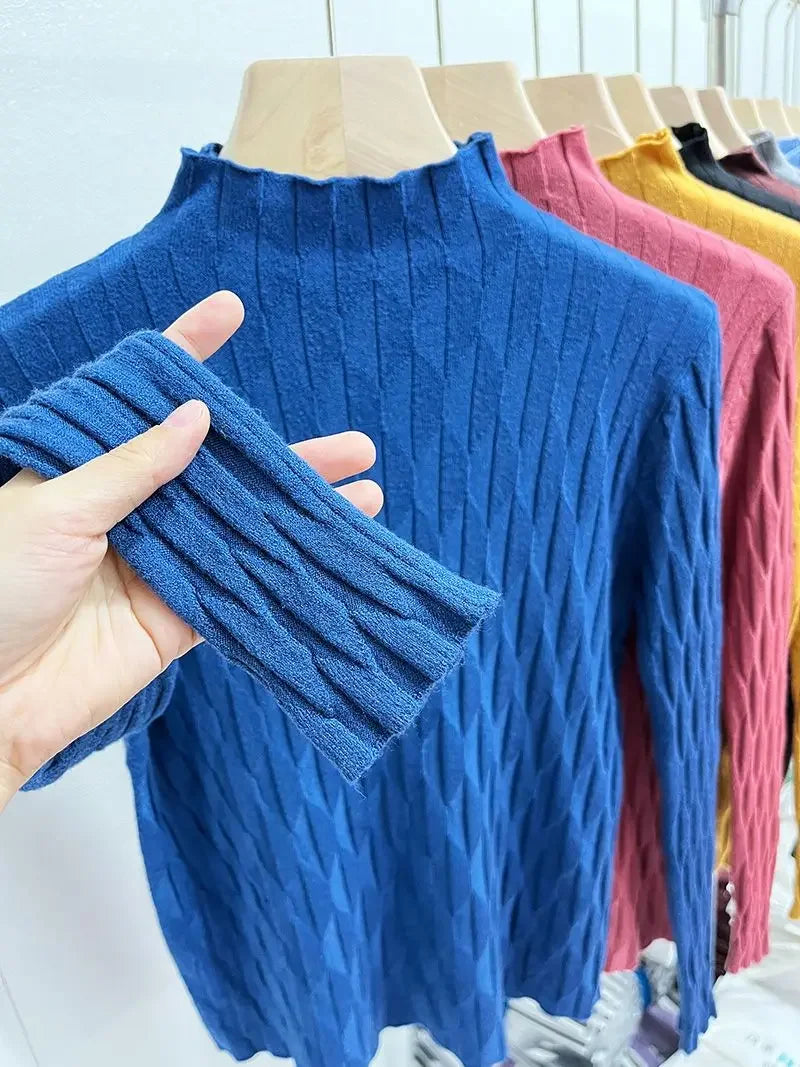 2025 Slim Fit Knitted Base Pullovers Autumn Winter Turtleneck Sweater Women's Solid Long Sleeve Casual Ruched Sweater