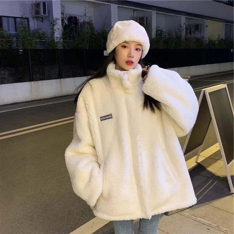 Women Winter Thicken Lamb Wool Coat Faux Fur Warm Stand Collar Outerwear Female Zipper Loose Jacket Full Sleeved Sweatshirts