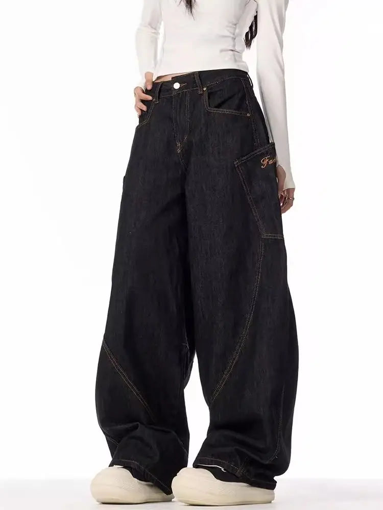 HOUZHOU Vintage Grunge Y2k Jeans Women High Street Black Baggy Denim Trousers Wide Punk Casual Straight Oversized Denim Pants