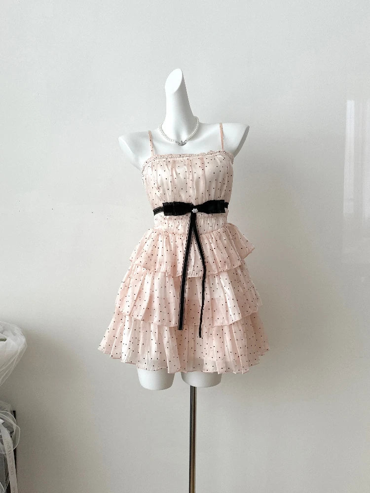 Japanese Elegant Sweet Original Design Evening Dress Women Dot Bow Strapless Pleated Party Dress Princess Casual Cute Clothing
