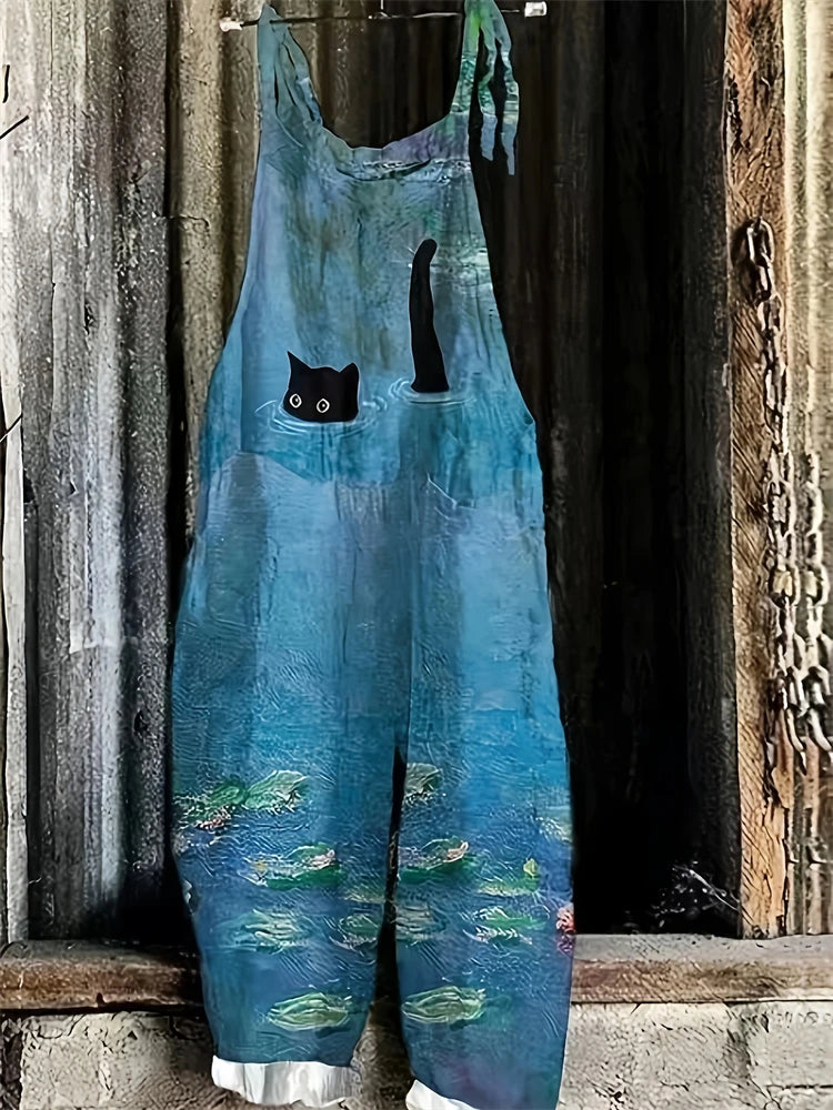 2025 New Spring And Summer Halter Jumpsuit Women's Fun Cat Print Pullover Halter Pants Casual Loose High Waist Jumpsuit