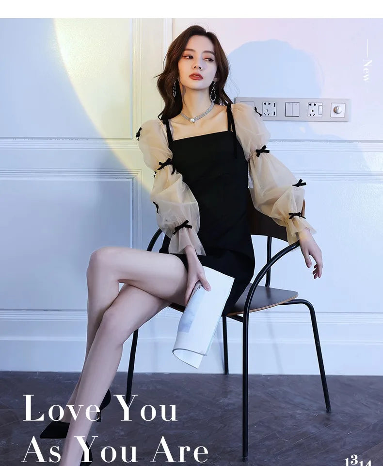 Flare Sleeve Evening Dress for Women Black Elegant Bow Mesh Patchwork Luxury Temperament Famous Lady Aesthetic Платье Женское