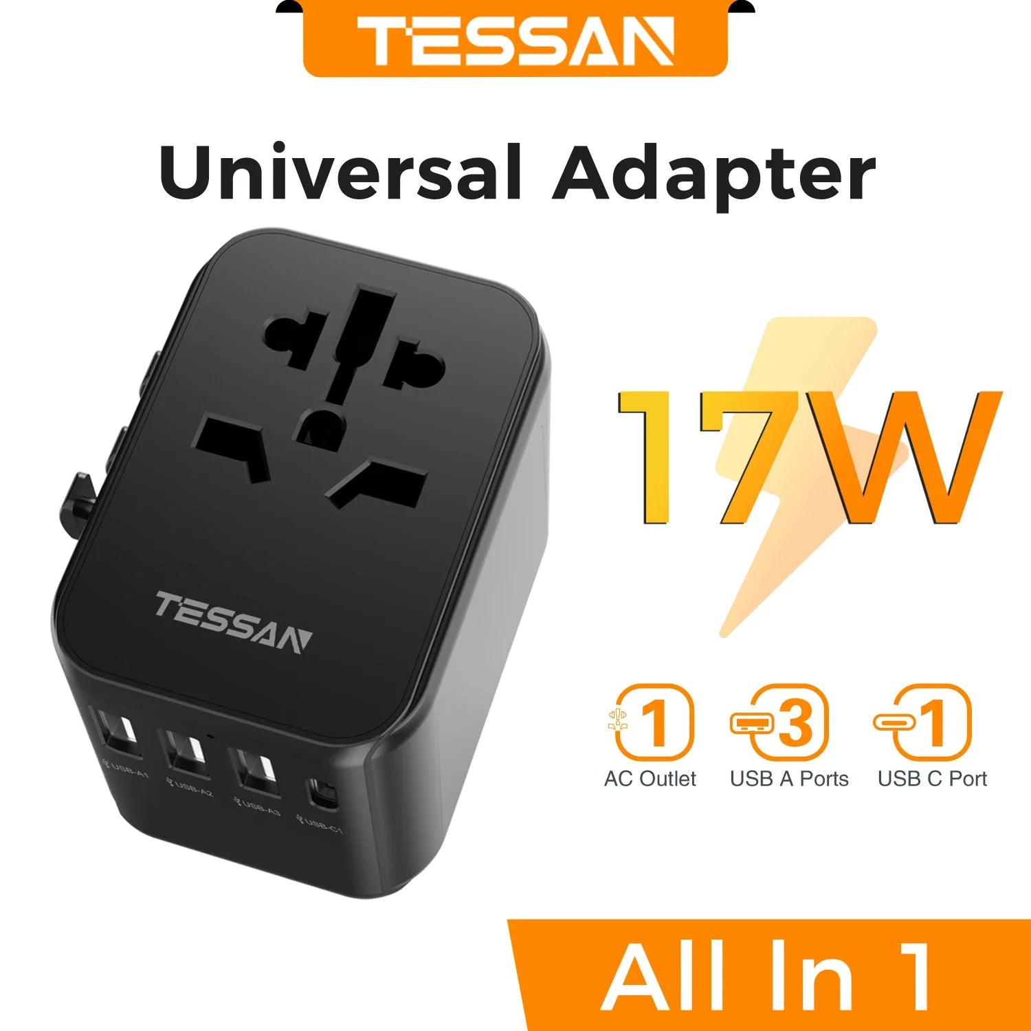 TESSAN Universal Worldwide All in One Charger Travel Power Plug Adapter with USB Type C Charging Ports for USA EU UK AU