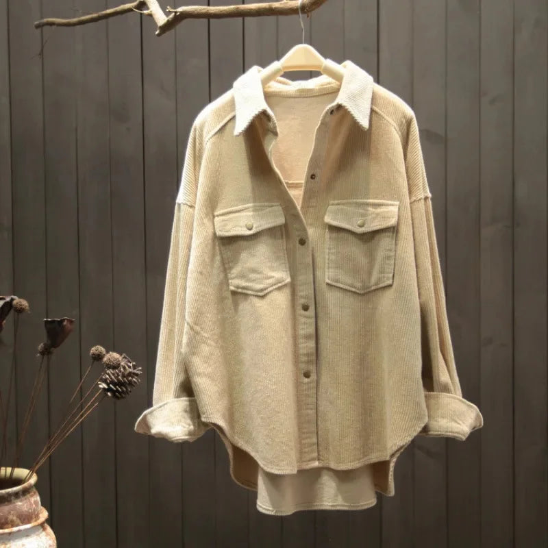 Vintage Artistic Corduroy Shirt Women's Long Sleeve Korean Version Loose Fit Slimming Base Layer Top Spring Autumn New Jacket