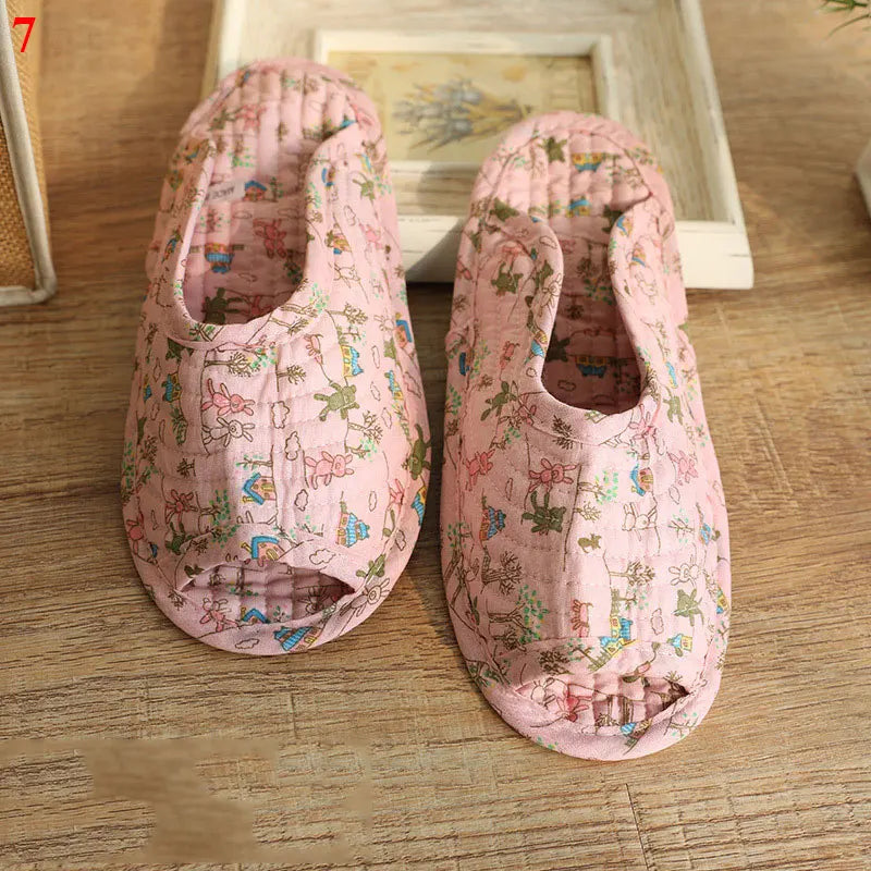1 Pair Vintage Floral Home Slippers Spring Autumn Soft Cotton Toe Sole Slippers Women Flat Shoes Indoor Bedroom Slippers