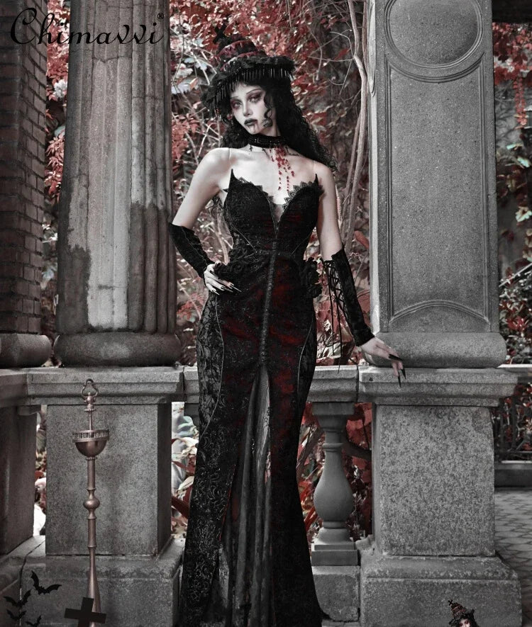 Original Gothic Love Velvet Flash Fishtail Dress 2025 Autumn New Japanese Sexy Girl Slim Elegant Long Halloween Lolita Dresses