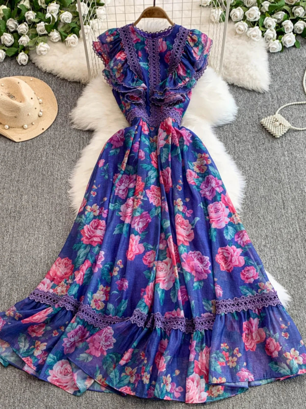 Ele Lace Splice Waist Cinching Long Dr Korean Sle Print Blouse Svel Midi Skirt High Waist A-Line Silhouette