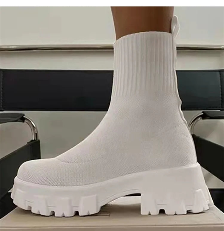 Women Boots Short Knitting Platform Boots Autumn Winter Shoes For Women Ankle Boots Heels White Winter Botas Mujer