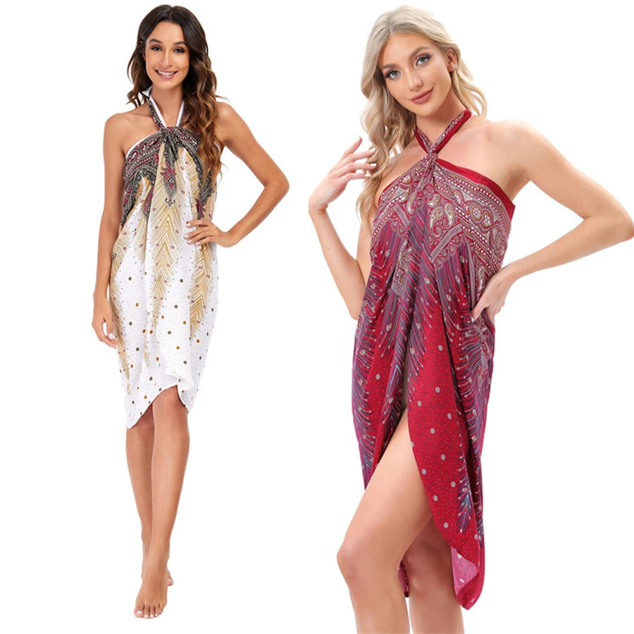 Women’s Boho Maxi Wrap Long Skirt Tie Up Beach Cover Up Dress Vintage Bohemian Adjustable High Waisted Holiday Rayon Dress