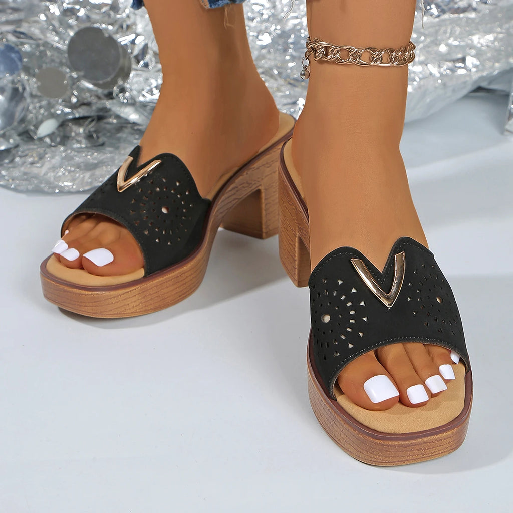 Retro Pu Leather High Heels Slippers for Women 2025 Summer Thick Bottom Platform Sandals Woman Lightweight Thick Heeled Shoes