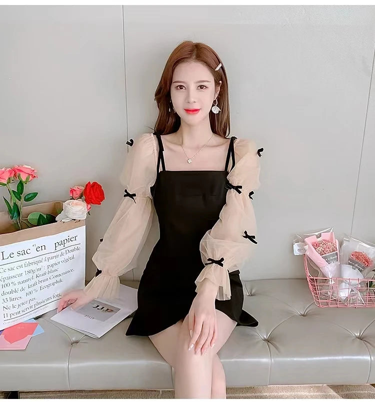 Flare Sleeve Evening Dress for Women Black Elegant Bow Mesh Patchwork Luxury Temperament Famous Lady Aesthetic Платье Женское