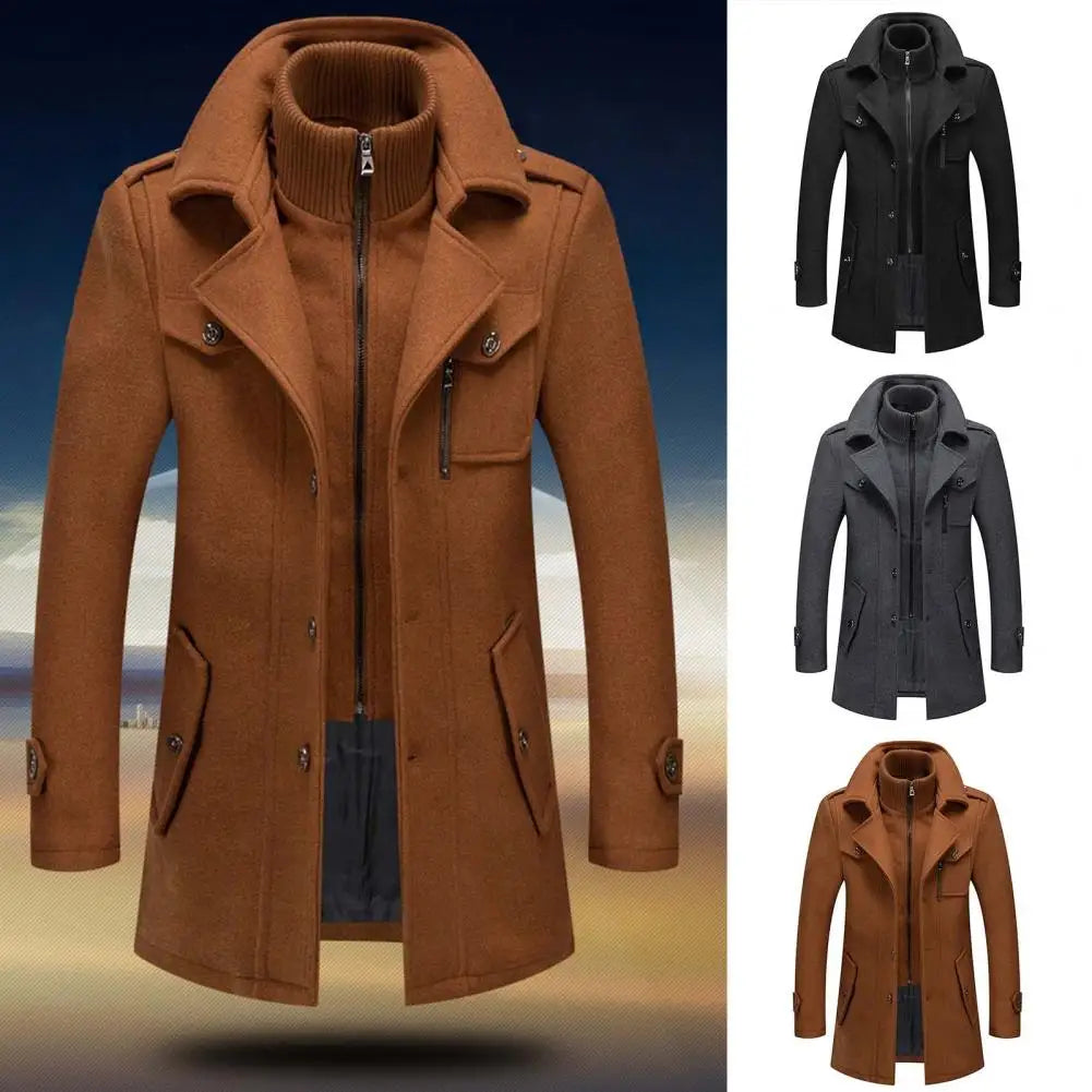 Stylish  Coat Temperament Zipper Buttons Coat Solid Color Autumn Winter Men Jacket for Business