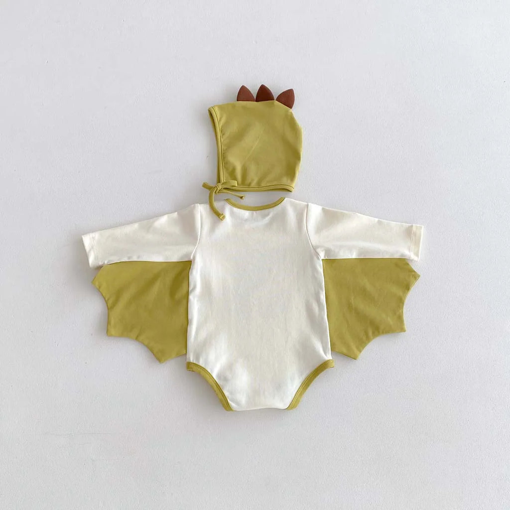 2024 Autumn New Korean Style Infant Onesie: Dragon Print Bodysuit with Hooded Design for Babies, Includes Hat