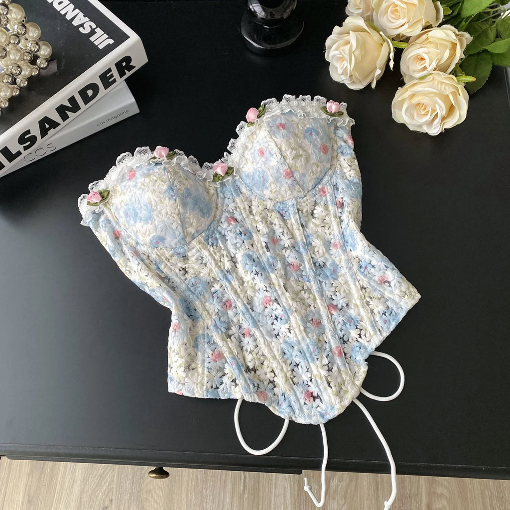 SINGREINY INS Strapless 3D Floral Camisole 2025 Summer Corset Slim Backless Tank Top Sheer Lace Up Holiday Sexy Embroidery Top