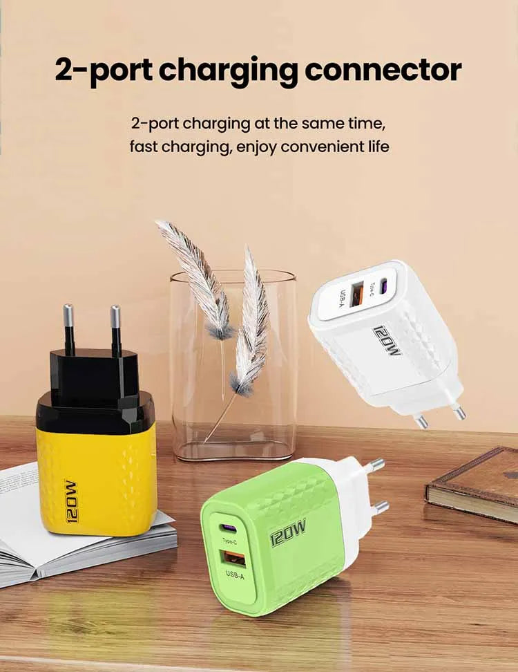 120W Charger USB C Fast Charger For iPhone Xiaomi Samsung Oneplus Phone Adapter 2 Ports QC3.0 Fast Charging PD Charger Adapter