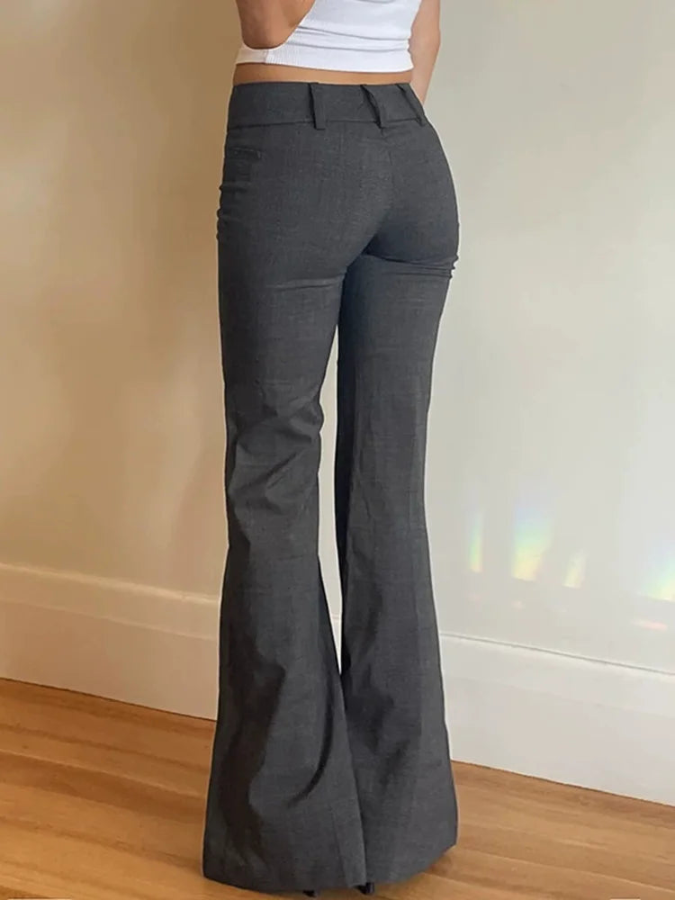 Gray Low Waisted Wide Leg Flare Pants Office Elegant Women's Casual Slim Pantalones Korean Fashion Formal 2025 New Trousers