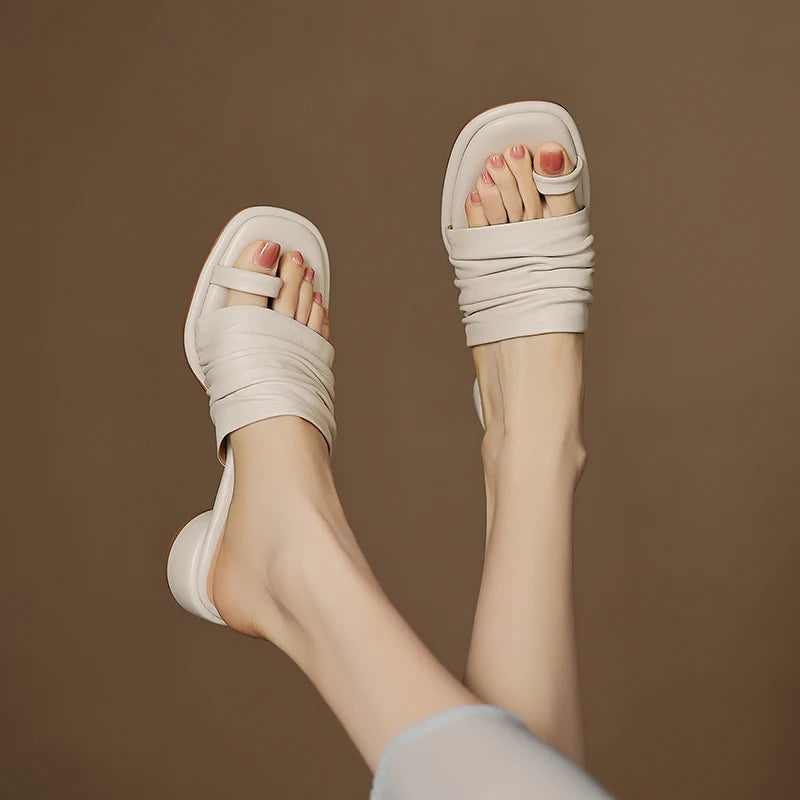 2025 NEW Summer Women Mules Genuine Leather Shoes for Women Open Toe Med Heel Shoes Slippers Pleated Modern Sandals