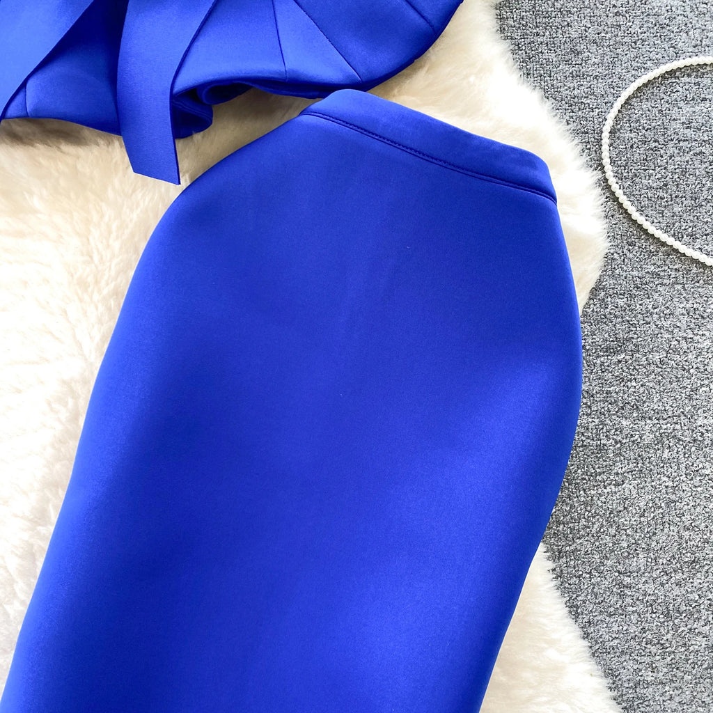 Sexy One-oulder Banded Waist Gown Set with Pleated Skirt Two-Piece Ensemble Courtly Sle Versatile Top f-length A-Line ...