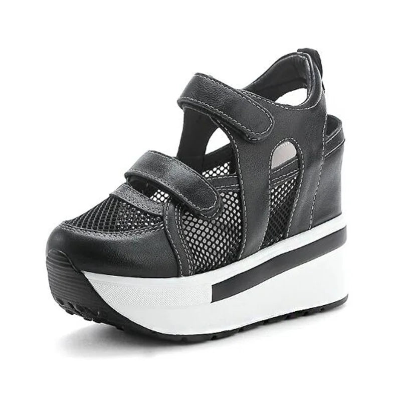 10cm Air Mesh Genuine Leather Platform 2025 Wedge Flats Sneakers Hook Summer Women Comfy Fashion Chunky Sneaker Sandals Shoes