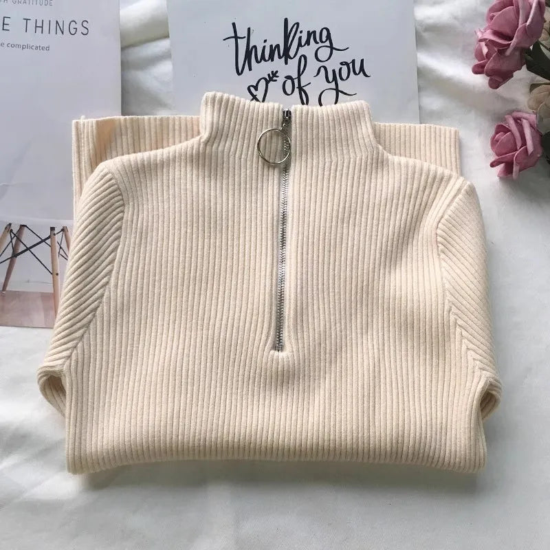 Autumn Winter Turtleneck Women Sweater Long Sleeve Zipper Neckline Knitted Pullover Female Sweater Slim Basic Knitted Jumpers