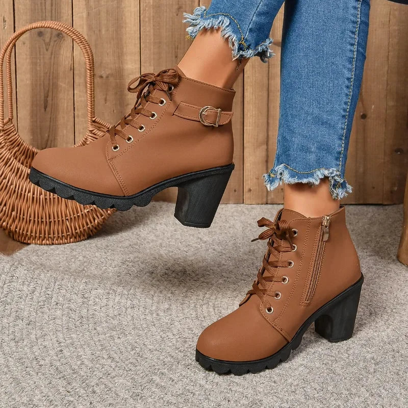 2024Women High Heel Ankle Boots Autumn Winter Booties Woman Fashion New Lady Shoes Brown Black Short Boot Female