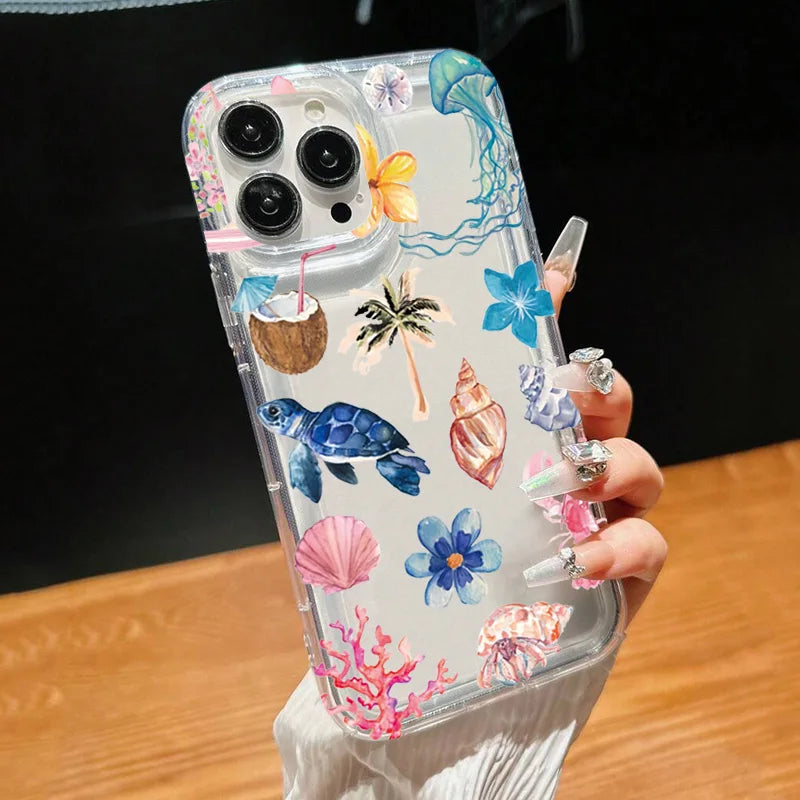 Transparent Turtle Lobster Coconut Print Case For iPhone 16E 16 15 14 13 12 11 Pro Max Mini Soft Covers