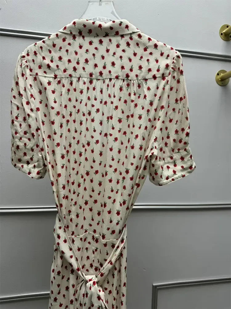 Women's Rose Printed Dress Prairie Chic Spring Summer Lady Short Sleeve Turn-Down Collar Waist Lace-Up Robe
