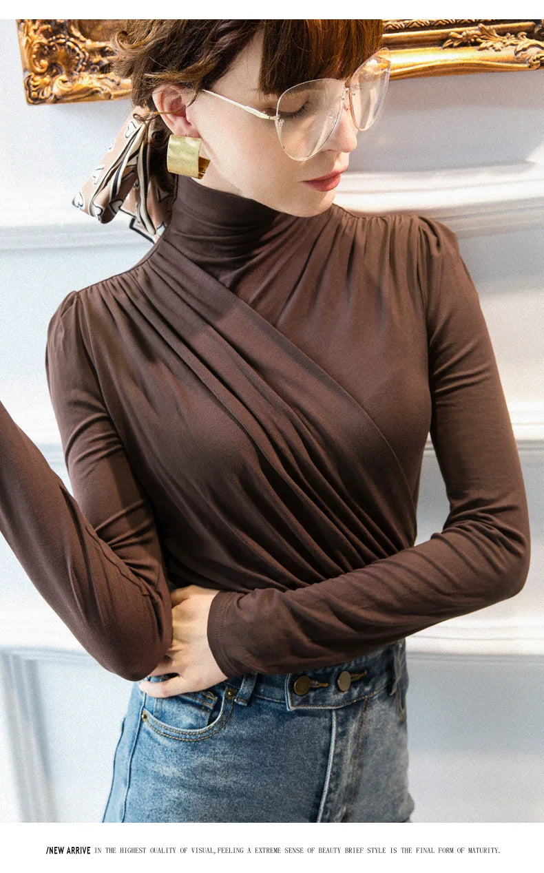 EVNISI Women Casual Thickening Warm Shirt Elegant Office Long Sleeved T-shirt Mock Neck Women Bottoming Tops 2024 Autumn Winter