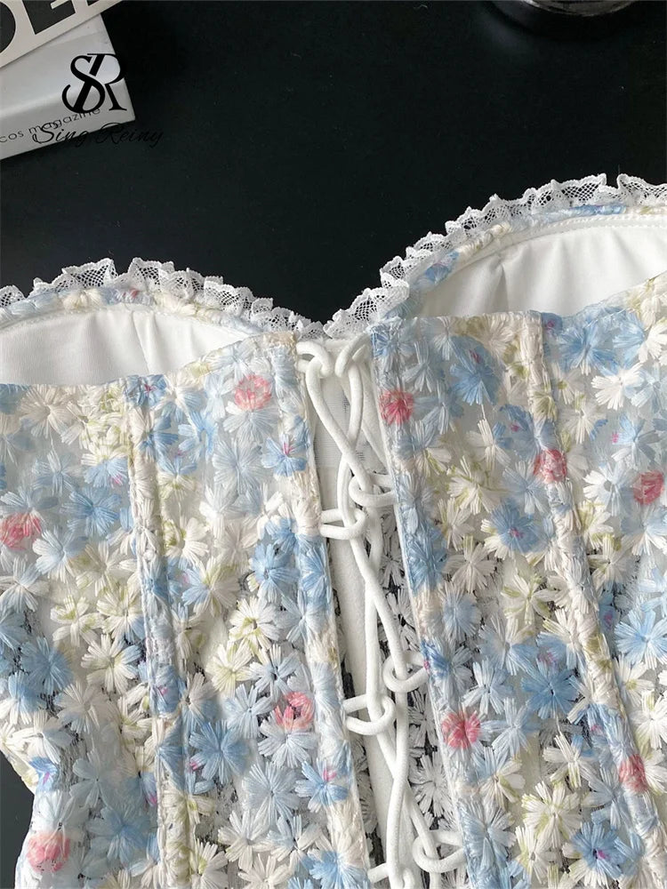 SINGREINY INS Strapless 3D Floral Camisole 2025 Summer Corset Slim Backless Tank Top Sheer Lace Up Holiday Sexy Embroidery Top