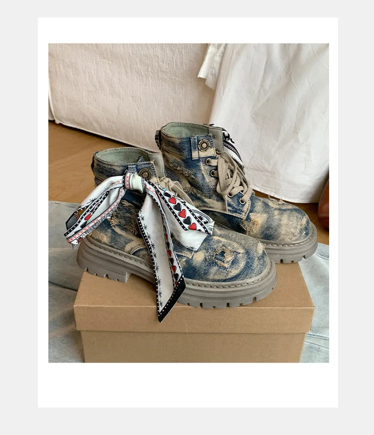 Women's Boots  New Thick Sole Breathable Ribbon Strap Short Boots Anti Slip Lace-up Height Increasing Fashion Boots