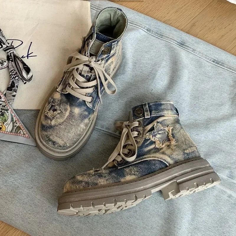 Women's Boots  New Thick Sole Breathable Ribbon Strap Short Boots Anti Slip Lace-up Height Increasing Fashion Boots